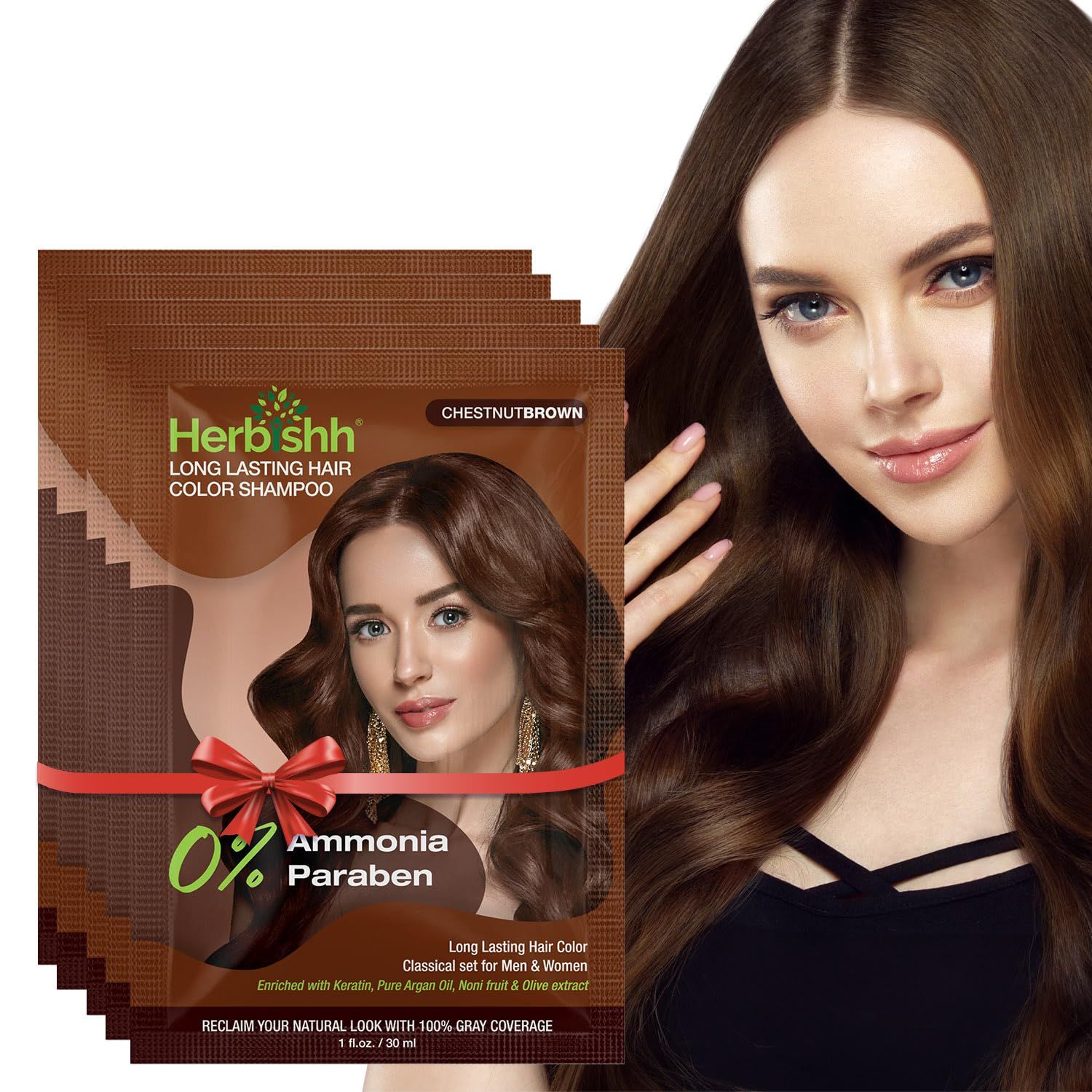 Herbishh Travel Pack Hair Dye Color Shampoo in Sachet 1pc Argan Hair Mask Sachet (Chestnut brown, 5 sachets)