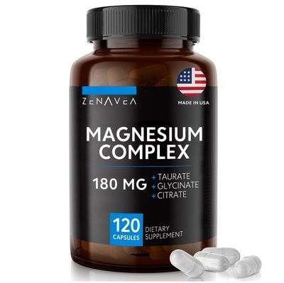 Zenavea - Triple Magnesium Complex Supplement (120 Vegan Capsules) - 180mg of Magnesium Glycinate Taurate and Citrate - Calm Magnesium Complex Supplements