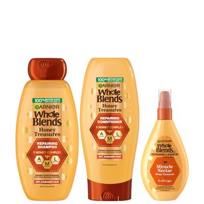 Garnier Whole Blends Honey Treasures Repairing Shampoo, Conditioner Miracle Nectar Leave-In Set for Dry, Damaged Hair (3 Items), 1 Kit (Packaging May Vary)