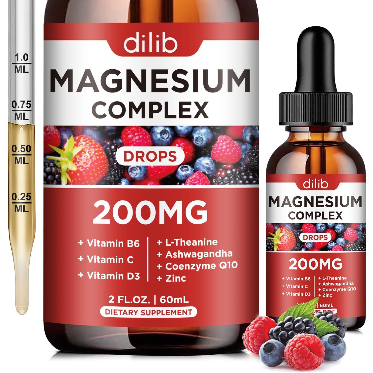 Triple Magnesium Complex Supplement, Magnesium Glycinate, threonate, Citrate Liquid Drops 200mg with Ashwagandha, CoQ10, Vitamin B6, C, D, Zinc - Vegan Mix Berry Flavor