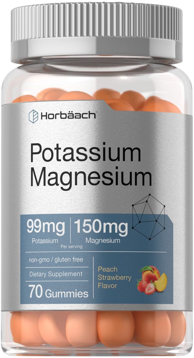 Horb ach Potassium Magnesium Supplement Gummies Peach Strawberry Flavor 70 Count Vegan, Non-GMO, and Gluten Free Formula