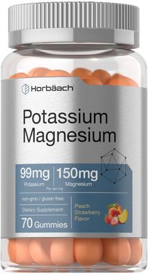 Horb ach Potassium Magnesium Supplement Gummies Peach Strawberry Flavor 70 Count Vegan, Non-GMO, and Gluten Free Formula
