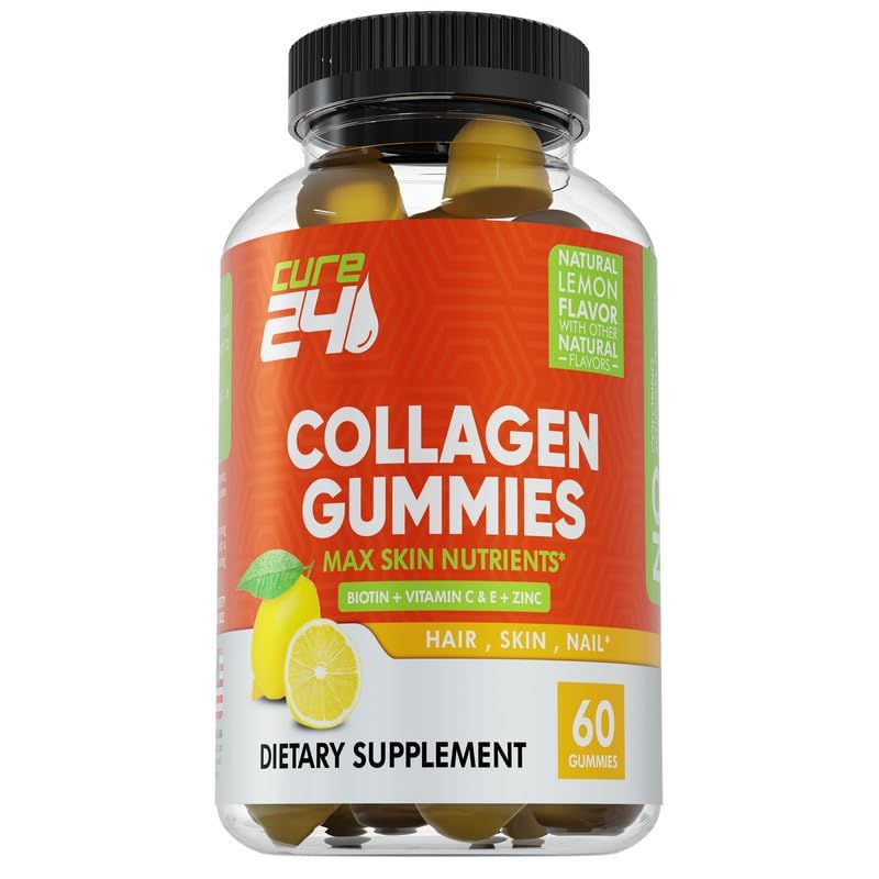 Cure24 Collagen Gummies with Zinc, Vitamin C and Biotin, Collagen Peptides Supplement Promotes Hair, Nail, Skin, Bone and Joint Health Support, Made in USA 60 Gummies