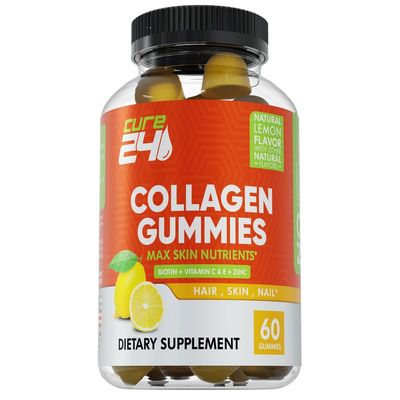 Cure24 Collagen Gummies with Zinc, Vitamin C and Biotin, Collagen Peptides Supplement Promotes Hair, Nail, Skin, Bone and Joint Health Support, Made in USA 60 Gummies