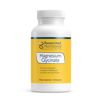 Researched Nutritionals Magnesium Glycinate Capsules - 125mg High Absorption Magnesium Glycinate Supplement to Support Healthy Bones and Energy Production - Vegan Non-GMO (120 Capsules)