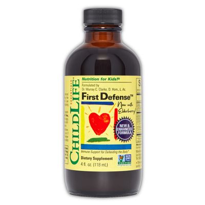 CHILDLIFE ESSENTIALS First Defense - Kids Immune Support, Immune Support for Kids, Toddlers 1-3, Babies 6 Months, Vitamin Syrup with Elderberry, Zinc, Non GMO, Gluten Free - 4 Fl Oz (Pack of 1)