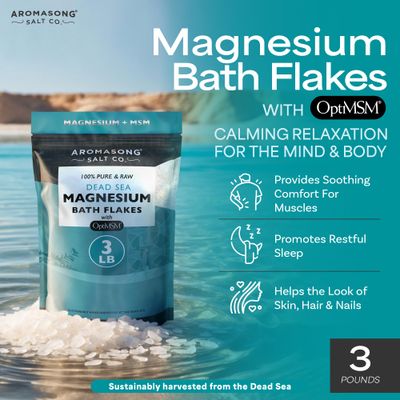 Aromasong RAW Magnesium Flakes OptiMSM for Soaking 3 LB Resealable Pack - Muscle Relaxing Organic Bath Salts Magnesium Chloride Flakes, Mineral Soak.