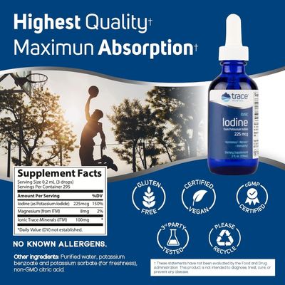 Trace Minerals Ionic Iodine 225 mcg - Gel Supplement to Support Immune System Thyroid Health - Iodine Drops with Magnesium - Supports Healthy Nervous System - 2 fl oz (295 Servings)