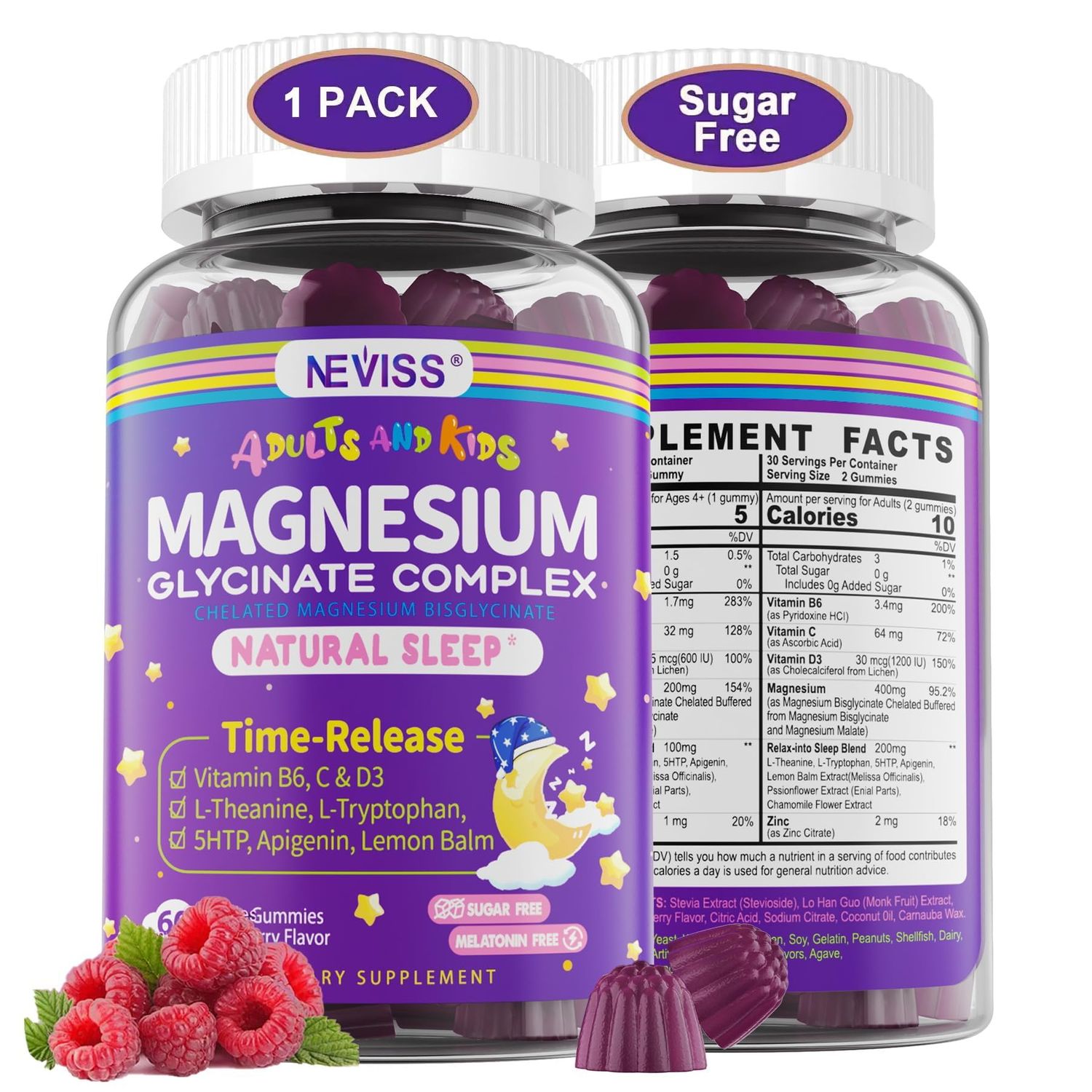 Magnesium Glycinate Gummies for Adults Kids 4, Sugar Free Magnesium Bisglycinate Supplement 400200mg with B6D3, 5HTP, L-Theanine for Sleep Relaxation, Brain, Muscle, Melatonin Free Gummies,1Pack