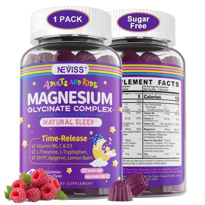 Magnesium Glycinate Gummies for Adults Kids 4, Sugar Free Magnesium Bisglycinate Supplement 400200mg with B6D3, 5HTP, L-Theanine for Sleep Relaxation, Brain, Muscle, Melatonin Free Gummies,1Pack