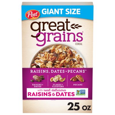 Post Great Grains Raisins Dates and Pecans Breakfast Cereal, Raisin Cereal with Sweet Dates and Granola Clusters, Non-GMO Project Verified, 25 OZ Box