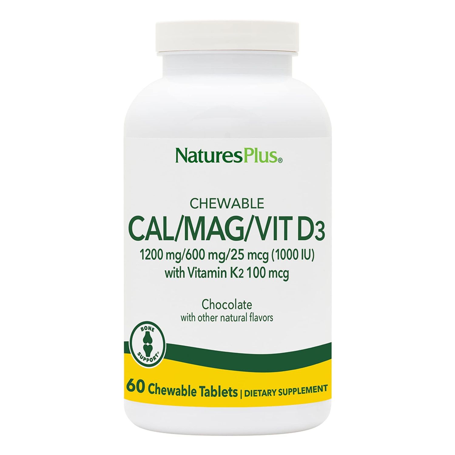NaturesPlus CalMagVIT D3 with Vitamin K2-60 Chewable Tablets - Chocolate Flavor - Calcium, Magnesium, Vitamin D3 K2 Bone Health Support Supplement - 30 Servings