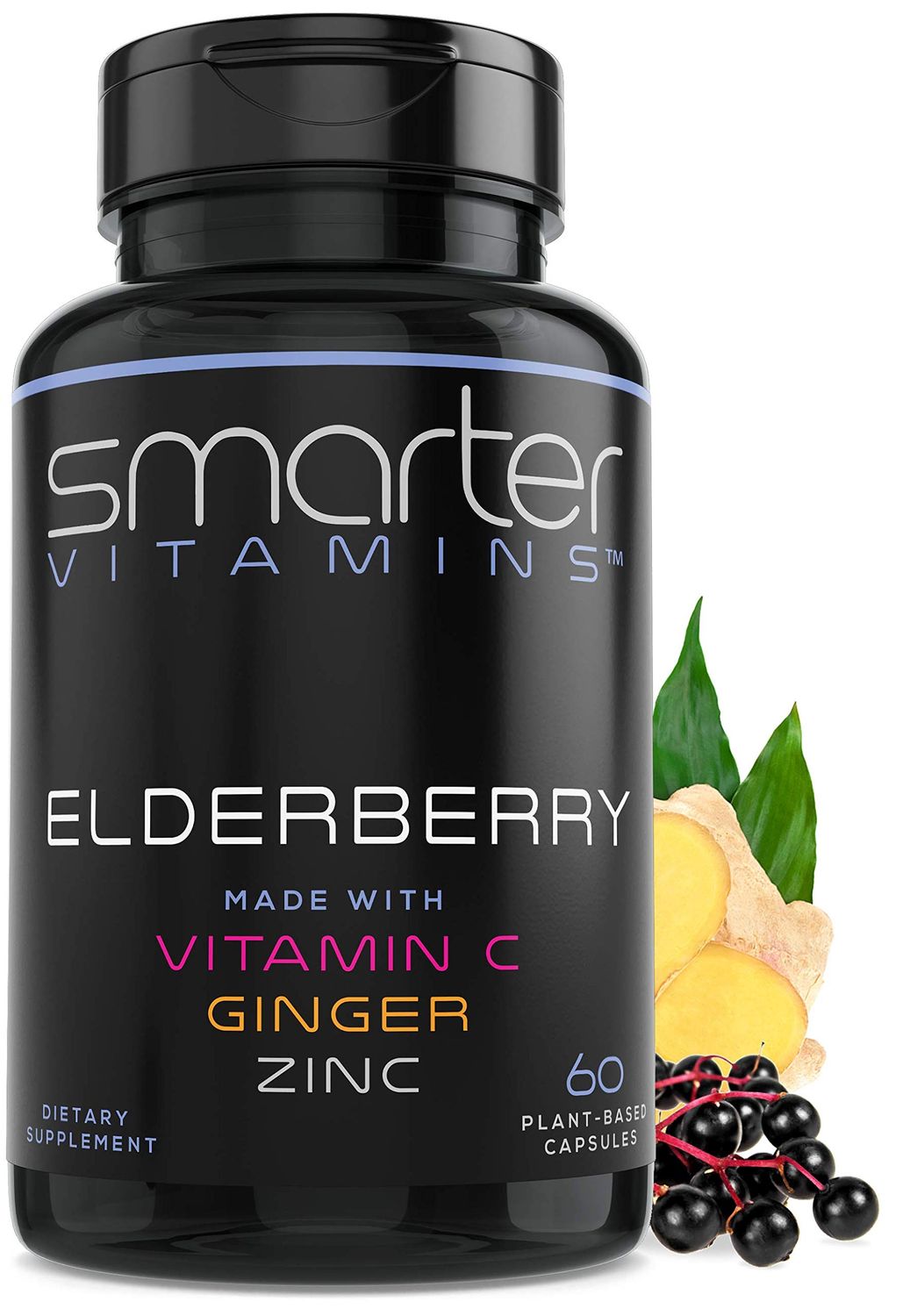 Smarter Elderberry Capsules Vitamin C Ginger Zinc, Herbal Supplement, Powerful Black Elder Berry Extract Antioxidant Vitamin, 60 Vegan Pills