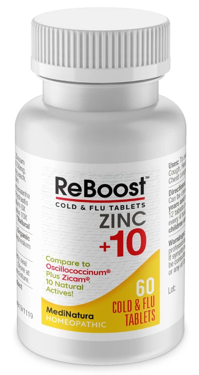 MediNatura ReBoost Zinc 10 MAX Cold Flu Symptom Relief Fast-Acting, Non-Drowsy Natural Soothing Homeopathic Helps Relieve Whole Body Discomfort, Cough, Fatigue, Congestion - Lemon - 60 Tablets