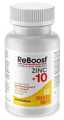 MediNatura ReBoost Zinc 10 MAX Cold Flu Symptom Relief Fast-Acting, Non-Drowsy Natural Soothing Homeopathic Helps Relieve Whole Body Discomfort, Cough, Fatigue, Congestion - Lemon - 60 Tablets