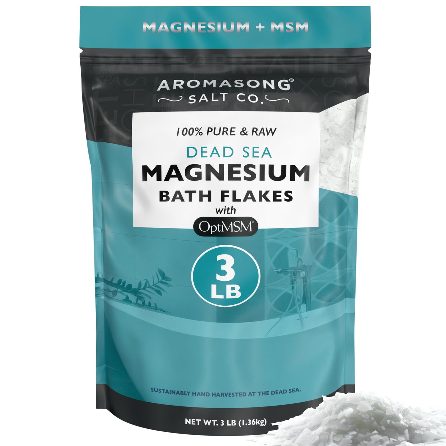 Aromasong RAW Magnesium Flakes OptiMSM for Soaking 3 LB Resealable Pack - Muscle Relaxing Organic Bath Salts Magnesium Chloride Flakes, Mineral Soak.