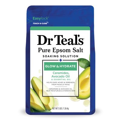 Dr Teal&#39;s Pure Epsom Magnesium Salt Soak, Glow Hydrate with Ceramides Avocado Essential Oils, 3 lbs