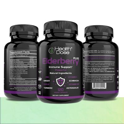 Health Dose Elderberry Plus Capsules - Immune Support Supplement with Vitamins C, D3, Zinc, Selenium 11 Ingredients for Year-Round Wellness - 120 Veggie Capsules, 2-Month Supply