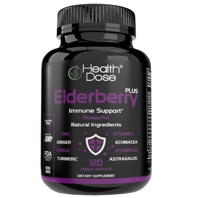 Health Dose Elderberry Plus Capsules - Immune Support Supplement with Vitamins C, D3, Zinc, Selenium 11 Ingredients for Year-Round Wellness - 120 Veggie Capsules, 2-Month Supply