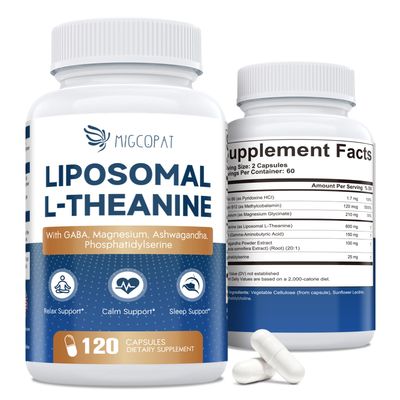 Liposomal L-Theanine 800mg with GABA, Magnesium, Ashwagandha, Phosphatidylserine, Vitamin B6 B12 - Calm, Sleep, Relaxation Mood Support for Women Men, Vegan - 120 Capsules