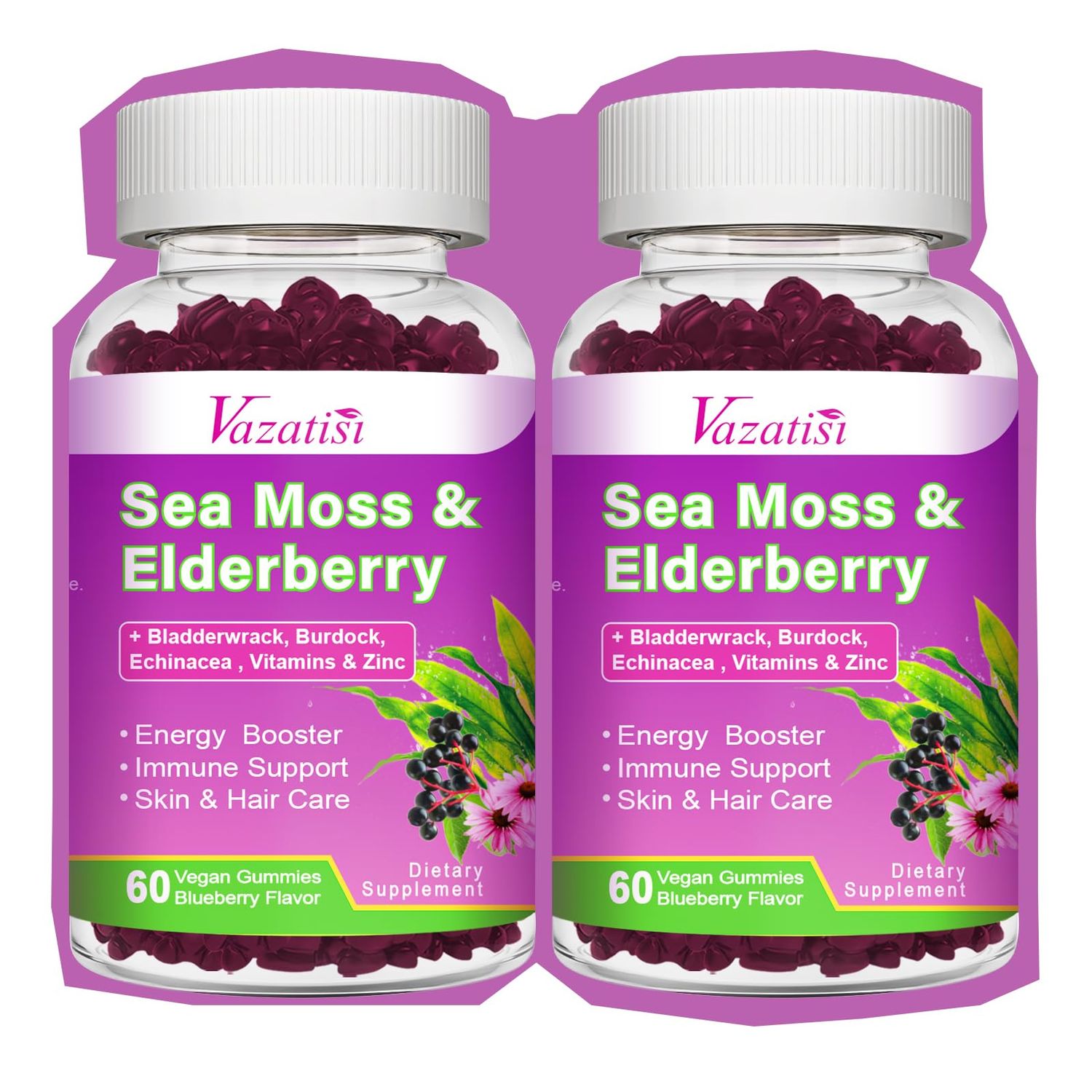 2 Pack Elderberry Gummies with Sea Moss, Extra Strength Elderberry with Vitamin C, Zinc for Immune Support for Adults, Kids, Women Men, Blueberry Flavor 120Cts