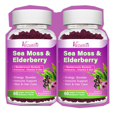 2 Pack Elderberry Gummies with Sea Moss, Extra Strength Elderberry with Vitamin C, Zinc for Immune Support for Adults, Kids, Women Men, Blueberry Flavor 120Cts