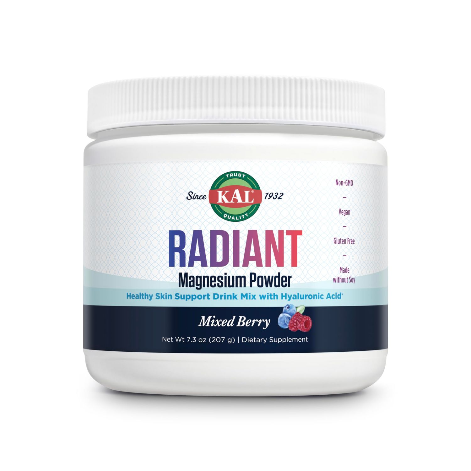 KAL Radiant Magnesium Powder, Mixed Berry Flavor, Hyaluronic Acid and Magnesium Supplement, Skin Antioxidant Support, Sugar Free, 60 Servings, 7.3 OZ