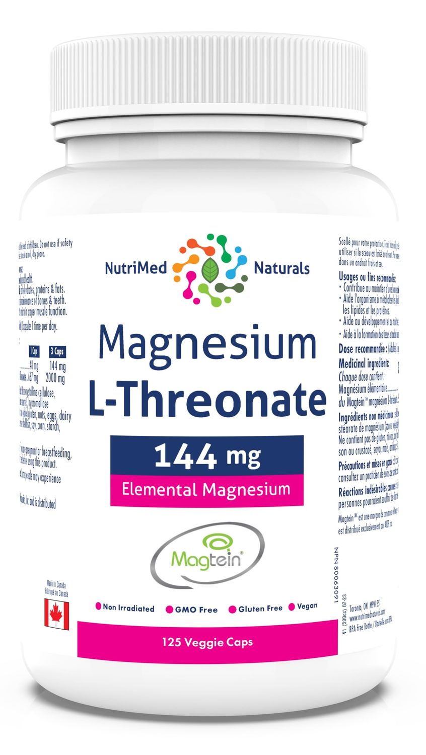 Elemental Magnesium L-Threonate Supplement 144mg 125 Caps - Magtein Magnesium L-Threonate Capsules - Nutrimed Naturals - 3rd Party Tested