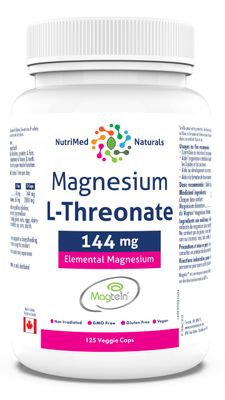 Elemental Magnesium L-Threonate Supplement 144mg 125 Caps - Magtein Magnesium L-Threonate Capsules - Nutrimed Naturals - 3rd Party Tested
