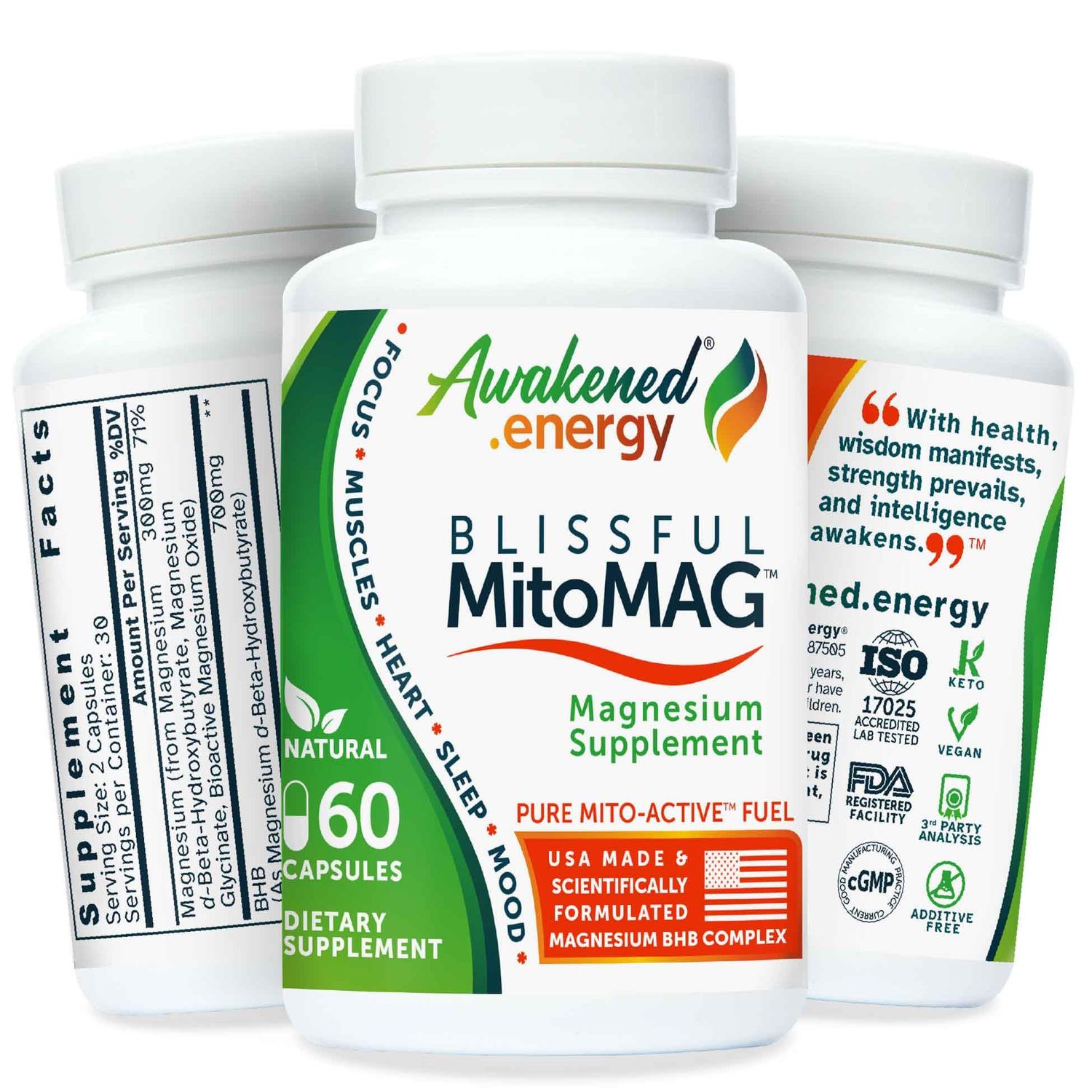 Blissful MitoMag - 300mg Elemental Magnesium Complex: Mg Glycinate, Mg BHB - Sleep Muscles Mood Energy Cognitive Focus Calm - All Natural, USA Made, No Additives - 60 Vegan Capsules Supplement
