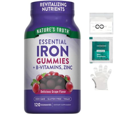 InfiniStore Medicine Pouch, Moist Towelette Plastic Gloves Made for Nature Truth Essential Iron Gummies B-Vitamins, Zinc, 120 Count, Natural Grape Flavor - Non-GMO, Gluten Free, Vegan