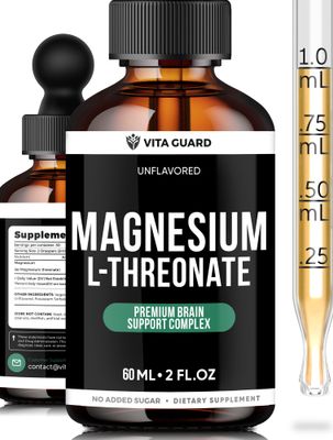Vita Guard Magnesium L-Threonate Liquid Drops - 500mg Ultra-Absorbable Brain Support Supplement, Unflavored, 60ML Boosts Memory, Focus Relaxation Fast-Acting, Vegan, Non-GMO, Gluten-Free