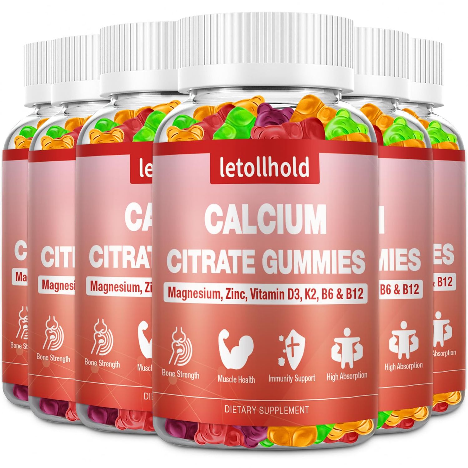 Calcium Citrate Gummies - 1200 mg Calcium Gummies with Magnesium Zinc Vitamins - Calcium Chews for Bone, Muscle, Joints, Immune Support, High Absorption Calcium Supplements for Women Men 6 Packs