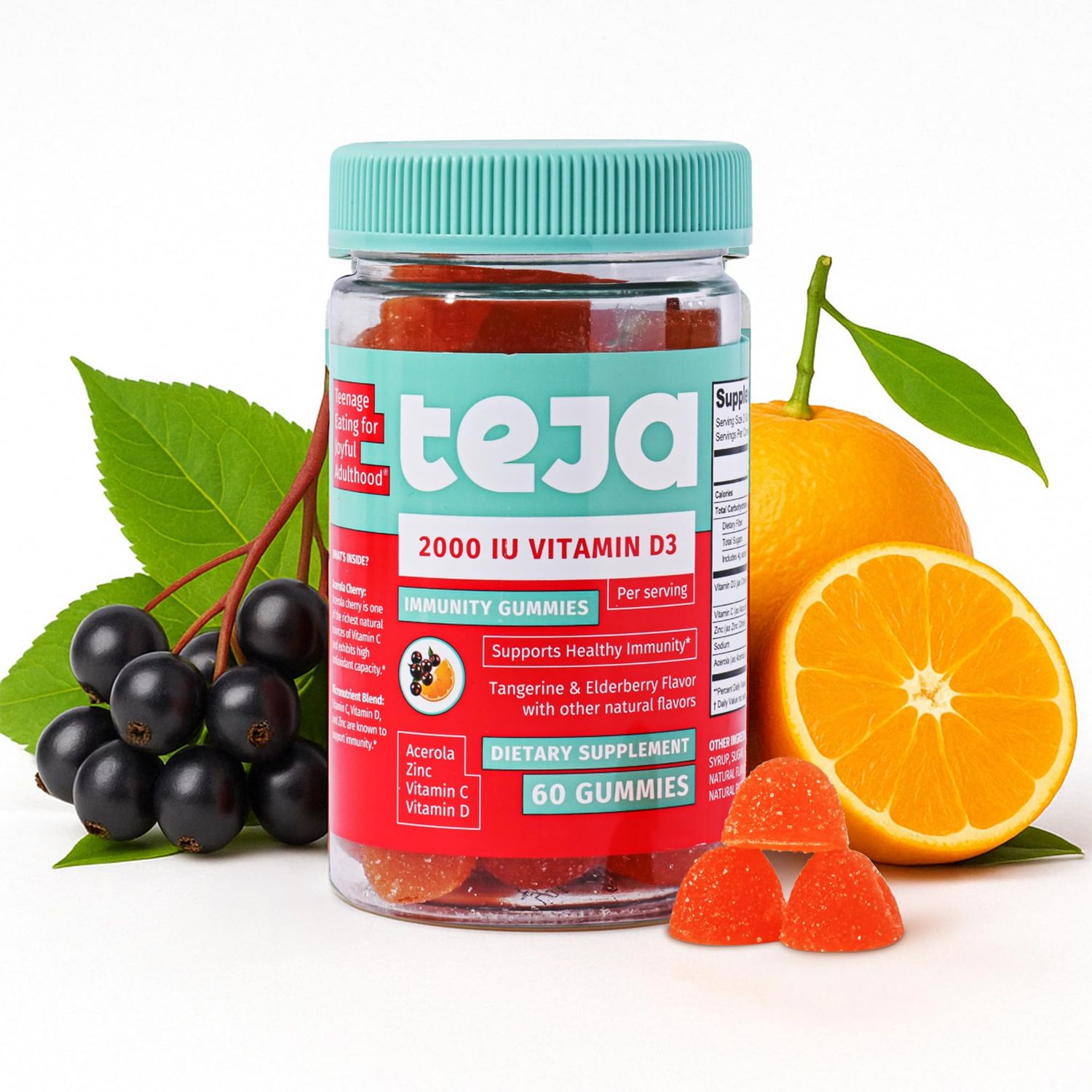 TEJA Immune Support Gummies for Teens with Vitamin D 2000IU, VIT C, Zinc, and Acerola. Low Sugar Supplement, Daily Immunity Multivitamin for Age 12-17 Teenagers to Adults. 30 Gummies