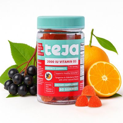 TEJA Immune Support Gummies for Teens with Vitamin D 2000IU, VIT C, Zinc, and Acerola. Low Sugar Supplement, Daily Immunity Multivitamin for Age 12-17 Teenagers to Adults. 30 Gummies