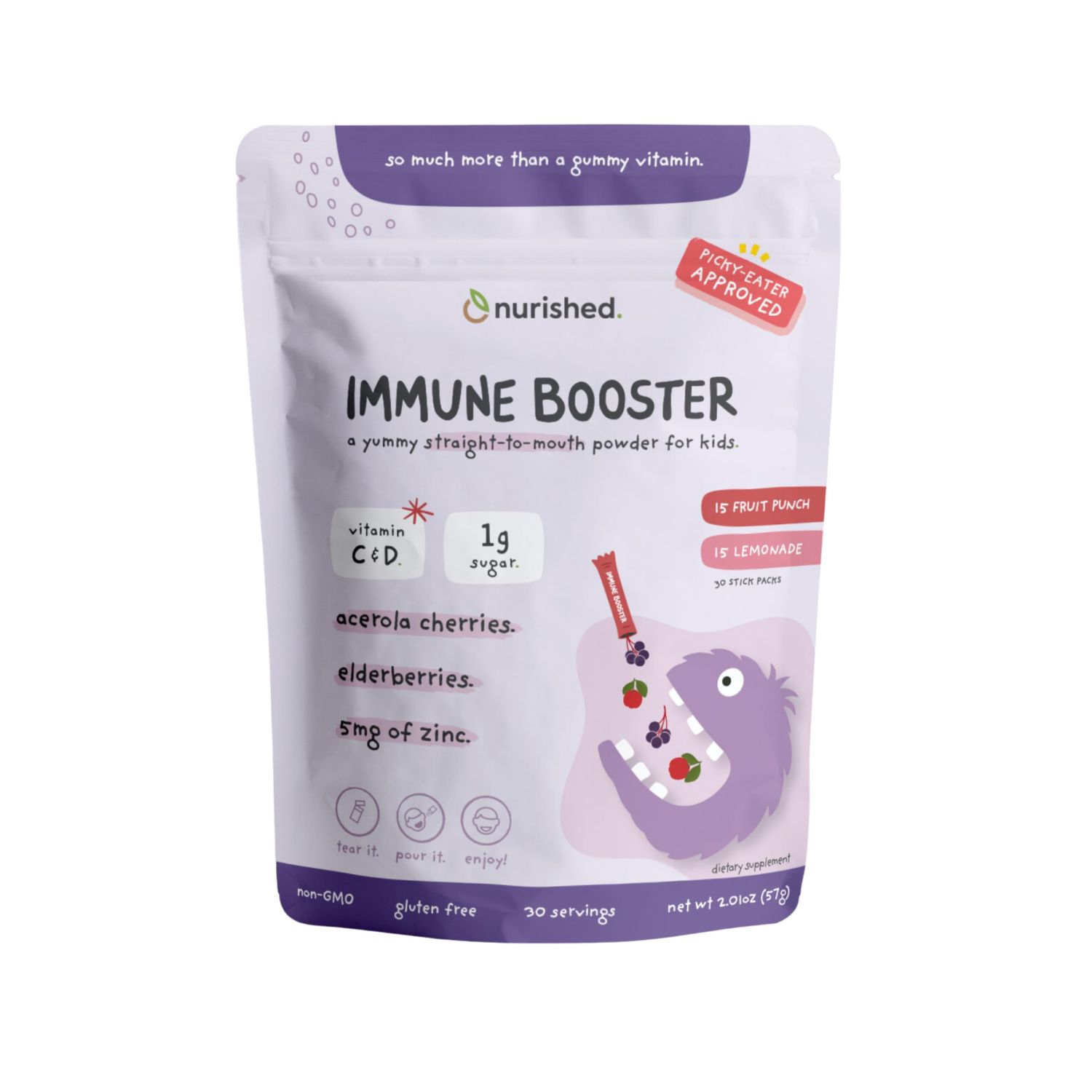 Nurished Kids Immune Booster with Elderberry, Acerola Cherry, Zinc, Vitamins C D - Straight-to-Mouth Powder - 30 Servings - 2 Flavors