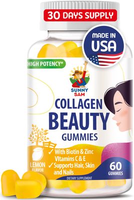 SUNNY SAM Biotin Collagen Gummies for Women Girls - Low Sugar 60 Chewable Beauty Collagen Gummies for Enhanced Hair Skin and Nails - Biotin, Vitamin A, Zinc Supplement - Natural Lemon Flavor