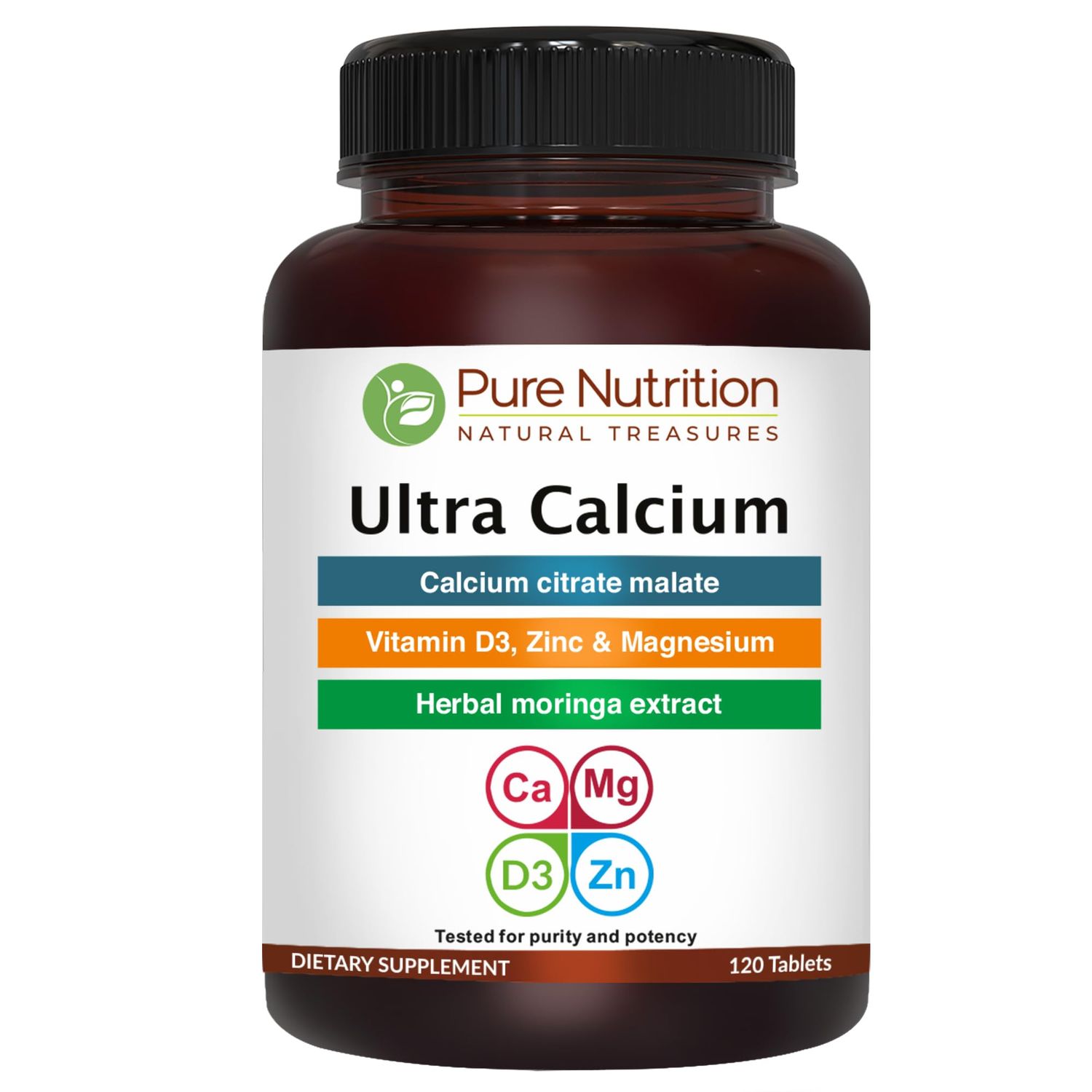 Pure Nutrition Ultra Calcium Citrate Malate 1000mg Highly absorbable Calcium Supplement with Calcium Citrate Malate, Vitamin D3, Magnesium and Zinc Non-GMO Gluten-Free 120 Veg Tabs