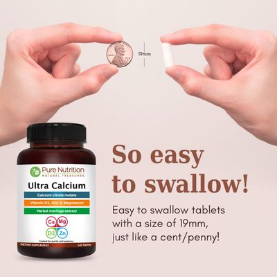 Pure Nutrition Ultra Calcium Citrate Malate 1000mg Highly absorbable Calcium Supplement with Calcium Citrate Malate, Vitamin D3, Magnesium and Zinc Non-GMO Gluten-Free 120 Veg Tabs