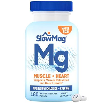 SlowMag Muscle Heart Magnesium Chloride with Calcium Supplement to Support Muscle Relaxation, Occasional Muscle Cramping Heart Health, High Absorption, 180 Count