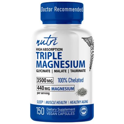 Nutri Triple Magnesium Complex 440mg - Magnesium Glycinate, Malate, Taurinate - 100 Chelated for Maximum Absorption - 120 Vegan Capsules - Triple Complex Magnesium - Magnesio Triple Complex