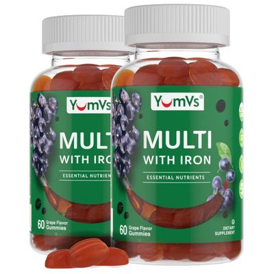 YUM-V&#39;S YumVs Multivitamin Gummies with Iron - Grape Flavor - Vegetarian Kosher Multi Vitamins for Adults with Vitamin A C B6 B12 Biotin Zinc - No Calcium (60 Count (Pack of 2))