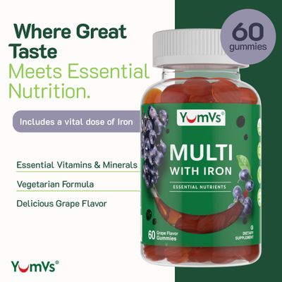 YUM-V'S YumVs Multivitamin Gummies with Iron - Grape Flavor - Vegetarian Kosher Multi Vitamins for Adults with Vitamin A C B6 B12 Biotin Zinc - No Calcium (60 Count (Pack of 2))