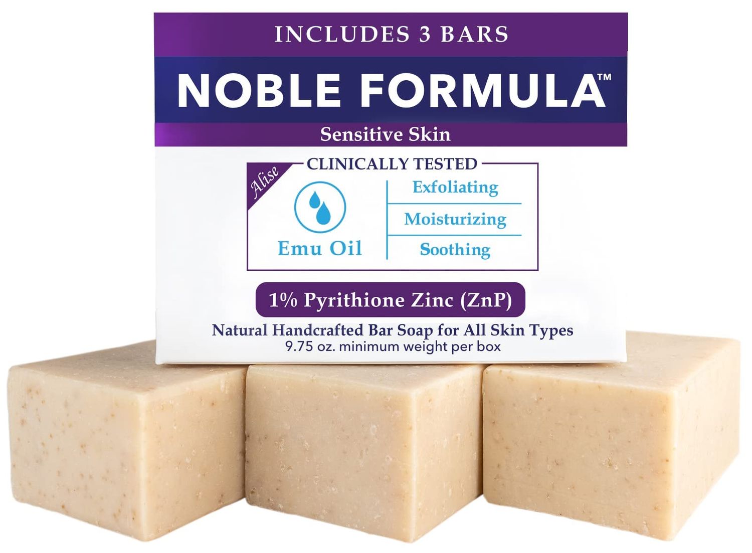 Noble Formula 1 Pyrithione Zinc (ZnP) Original Noble Emu Formula, Alise&#39;s Emu Oil Bar Soap, Designed for Sensitive Skin, 3.25 oz each, (3 Bars in 1 Box), Total 9.75 oz
