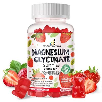 Magnesium Glycinate Gummies 2500mg - Sugar Free Magnesium Potassium Supplement with Vitamin D, B6, CoQ10 for Calm Mood Sleep Support - 90 Strawberry Gummies