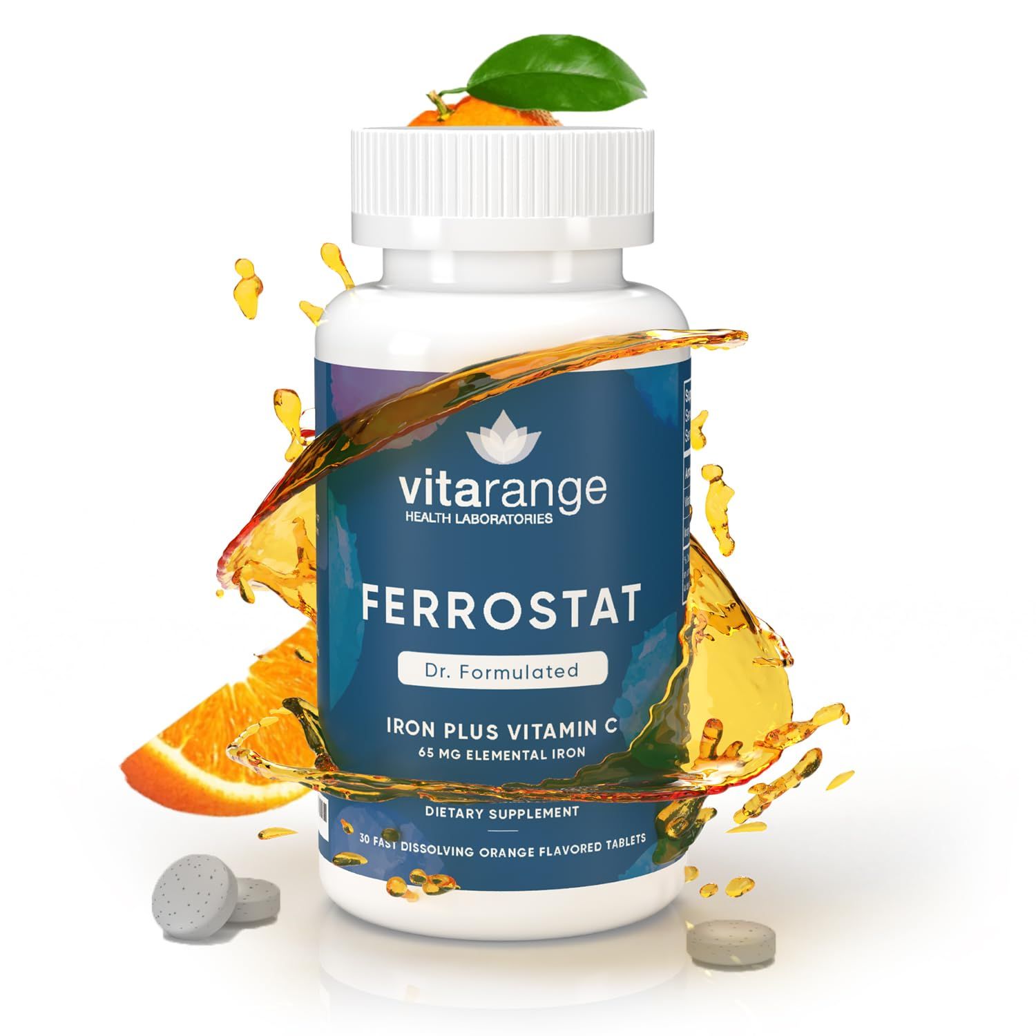 Ferrostat 65mg Chewable Iron with Vitamin C for Bariatric Patients - 30-Day&#39;s of Bariatric Iron with Vitamin C - Non-Constipating Gentle Iron - Orange