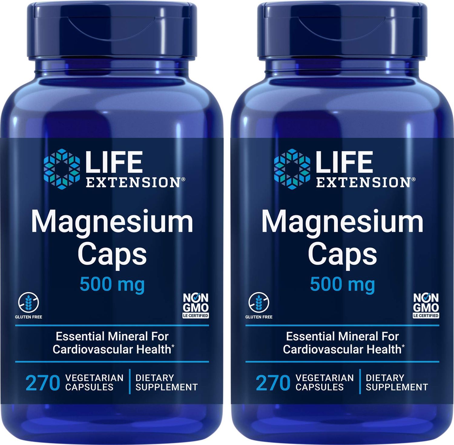 Life Extension Magnesium Caps 500mg, 270 Capsules (Pack of 2) - Vegan, Non-GMO, Mag Complex Supplement wOxide, Citrate, Succinate
