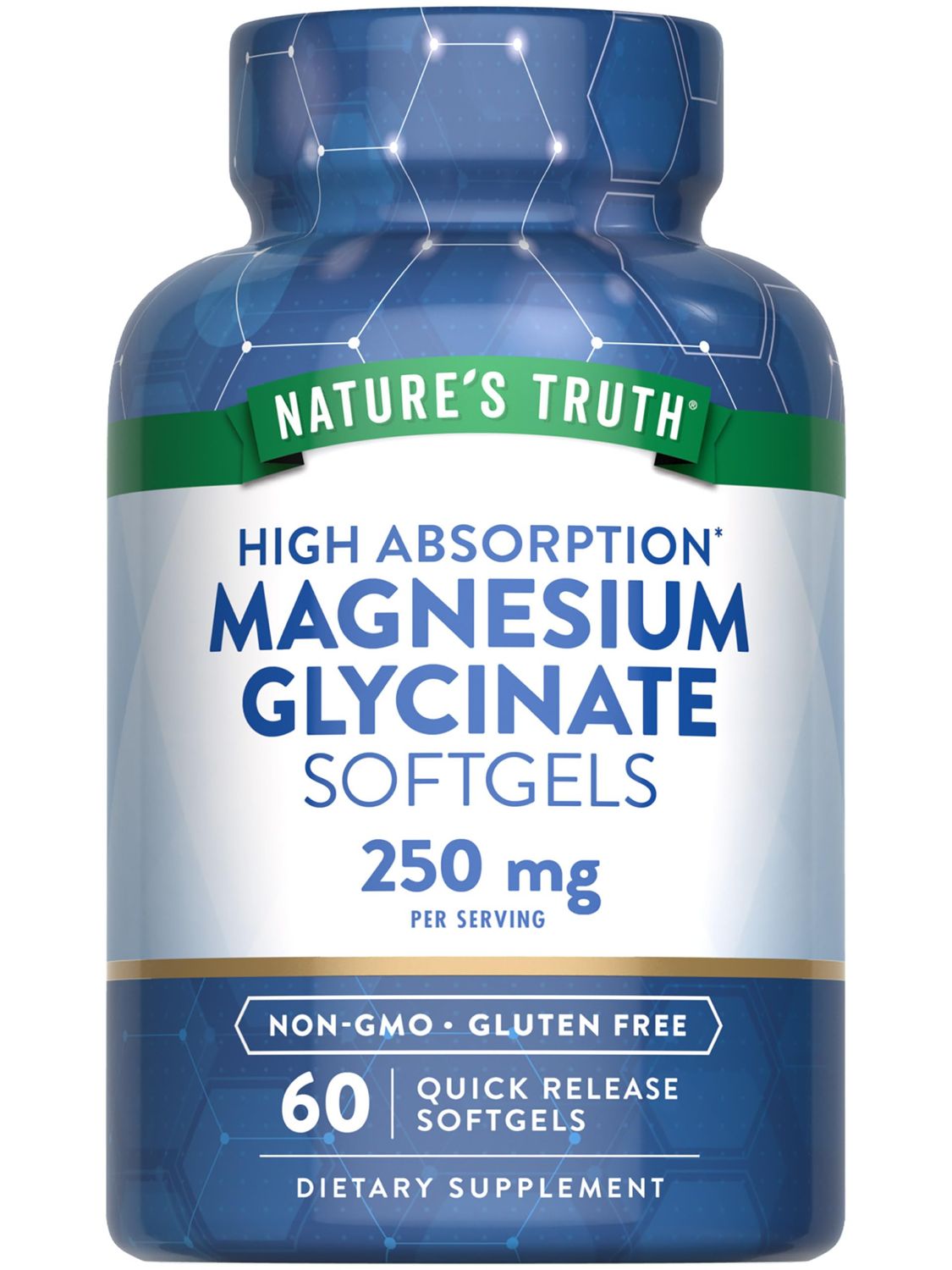 Nature&#39;s Truth Magnesium Glycinate Softgels 250mg 60 Pills High Absorption Non-GMO Gluten Free Supplement