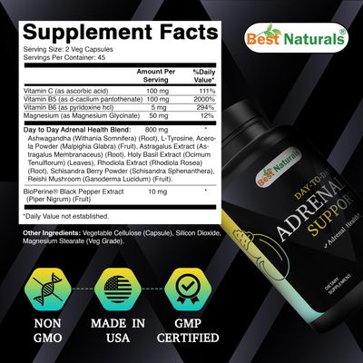 Best Naturals Day-to-Day Adrenal Support Supplements - 90 Veg Capsules - Made with Ashwagandha, L-Tyrosine, Magnesium, Rhodiola Holy Basil Bioperine
