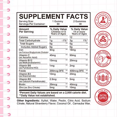 Iron Gummies for Kids, Women Men, Iron Supplement with Multivitamin - Vitamin B Complex, C, B6, B12, Folate, Zinc for Anemia, Iron Deficiency, Blood Builder, Energy - Strawberry Flavor, Vegan 60ct